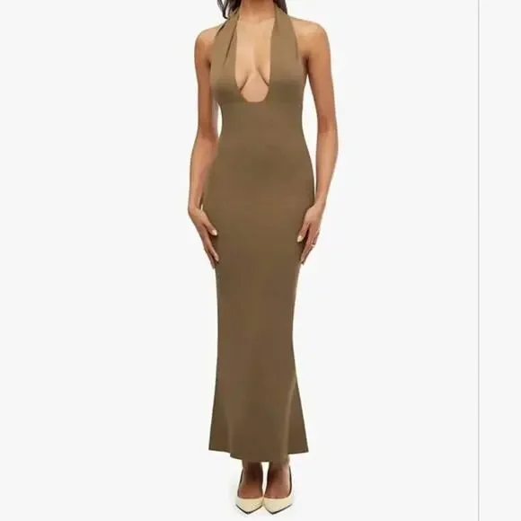 NWT WeWoreWhat Sleeveless Halter Knit Rib Stretch Maxi Open Back Dress 2XL Brown - Picture 1 of 15